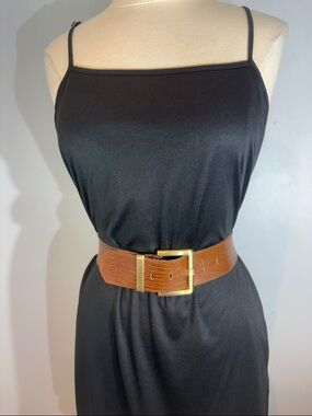Vintage Vermillion Brown Embossed Leather Belt Gold Buckle Wide Waist Belt Boho